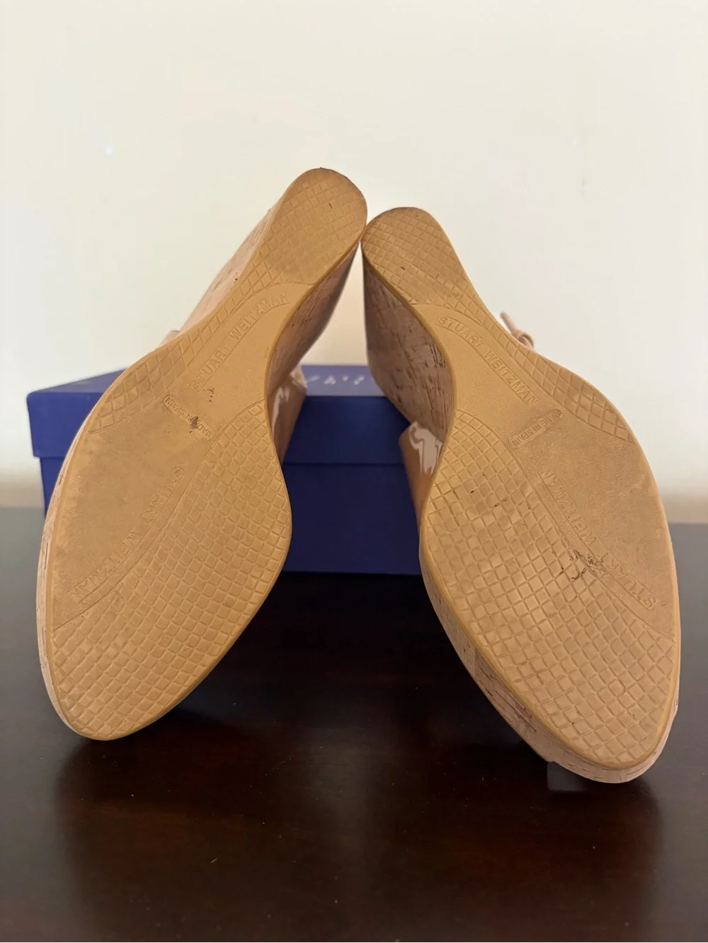 Stuart Weizmann Nude Patent Cork Wedge 4”Slingback Sandals with adjustable strap